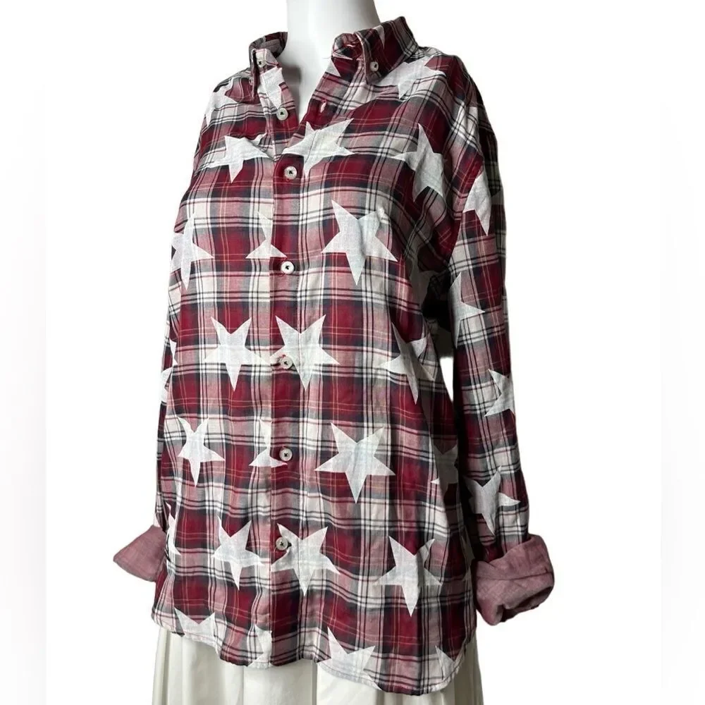 Mostly Heard Rarely Seen Star Plaid Button Down Shirt Red & White Size Large